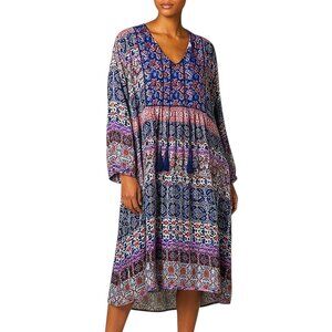 Coline Boho Tunic Dress V-neck Tassels Paisley Red Blue Viscose Great Cond XXL